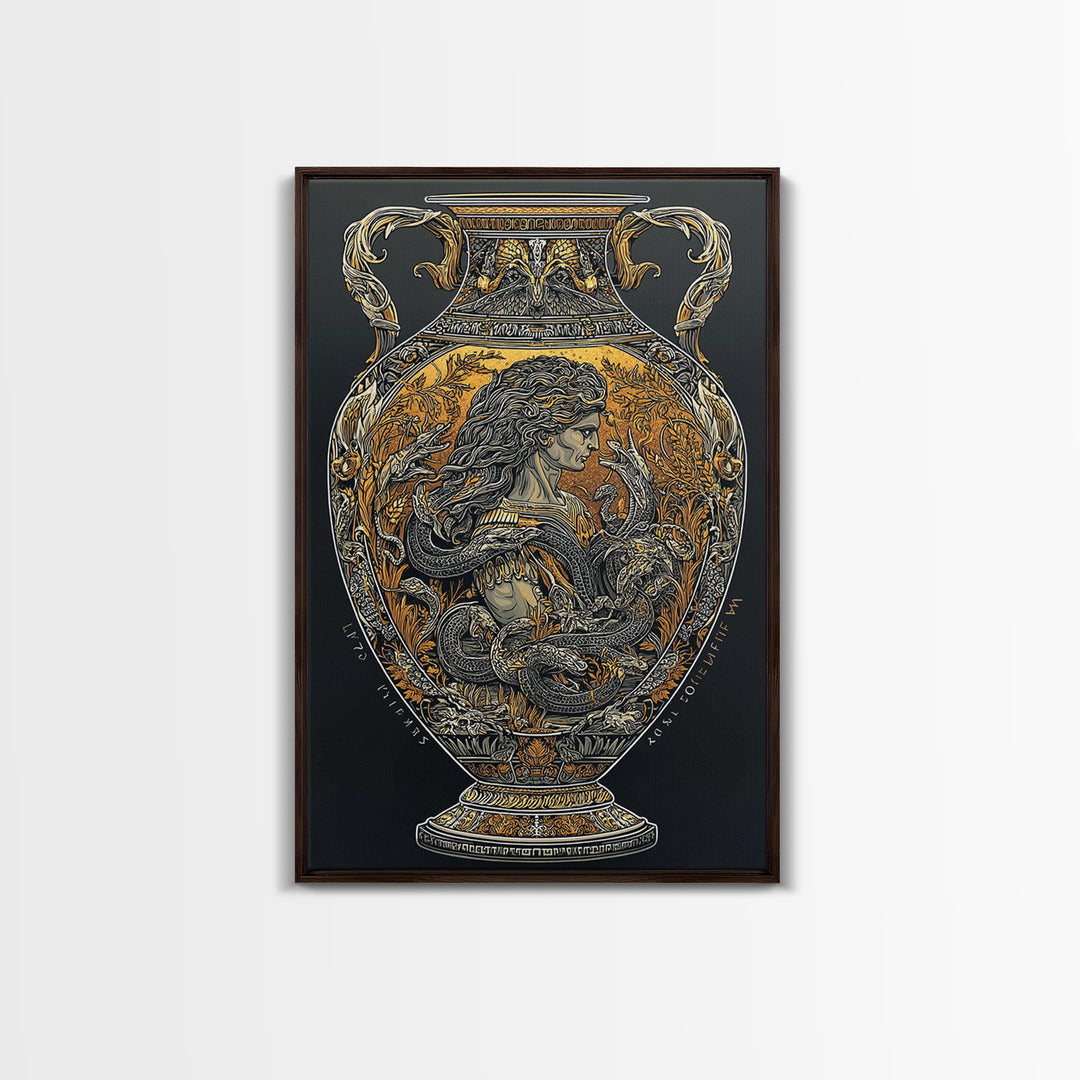 Medusa Greek Vase Canvas Art, Canvas Gold Canvas Print, Framed Canvas Wall Art with Real Wood Frame, Mythology Classical Decor