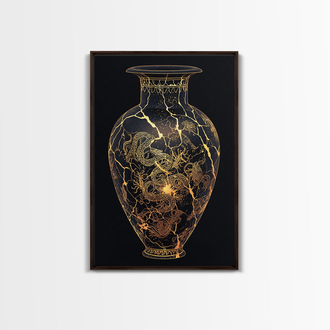 Kintsugi Serpent Vase Canvas Art, Canvas Gold Canvas Print, Framed Canvas Wall Art with Real Wood Frame, Celestial Night Sky Decor