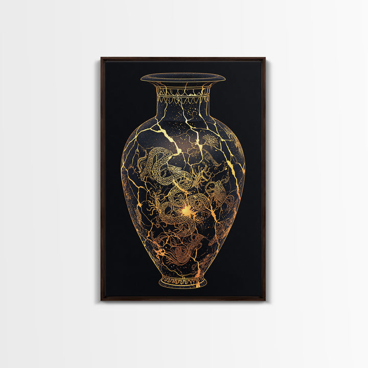 Kintsugi Serpent Vase Canvas Art, Canvas Gold Canvas Print, Framed Canvas Wall Art with Real Wood Frame, Celestial Night Sky Decor