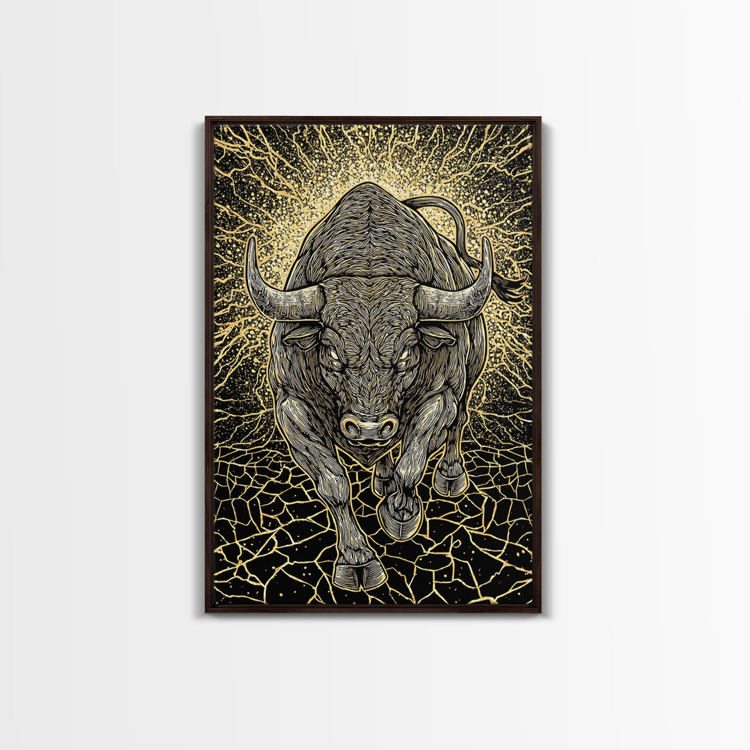 Charging Bull Canvas Art, Canvas Gold Canvas Print, Framed Canvas Wall Art with Real Wood Frame, Powerful Animal Gallery Decor