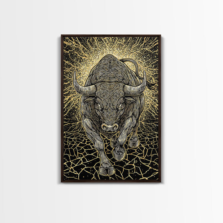 Charging Bull Canvas Art, Canvas Gold Canvas Print, Framed Canvas Wall Art with Real Wood Frame, Powerful Animal Gallery Decor