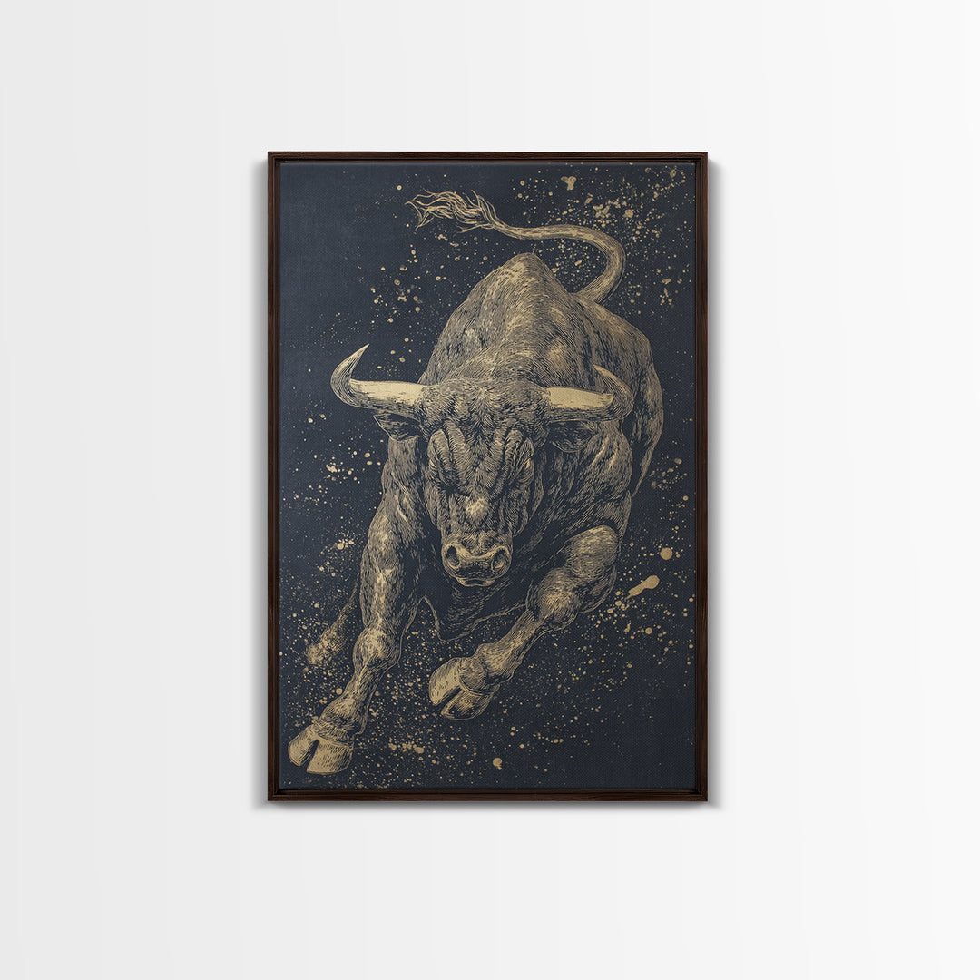Leaping Bull Canvas Art, Canvas Gold Canvas Print, Framed Canvas Wall Art with Real Wood Frame, Dynamic Animal Modern Decor