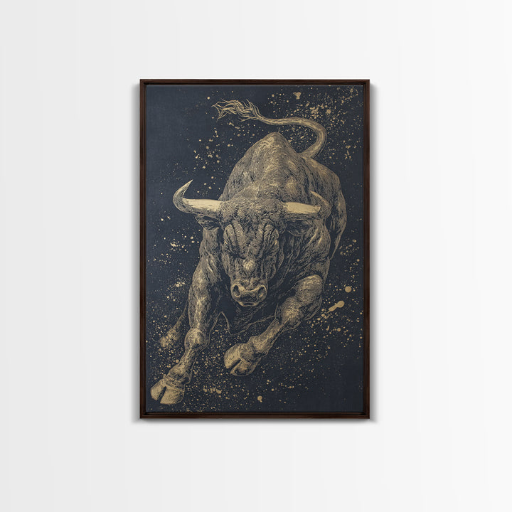 Leaping Bull Canvas Art, Canvas Gold Canvas Print, Framed Canvas Wall Art with Real Wood Frame, Dynamic Animal Modern Decor