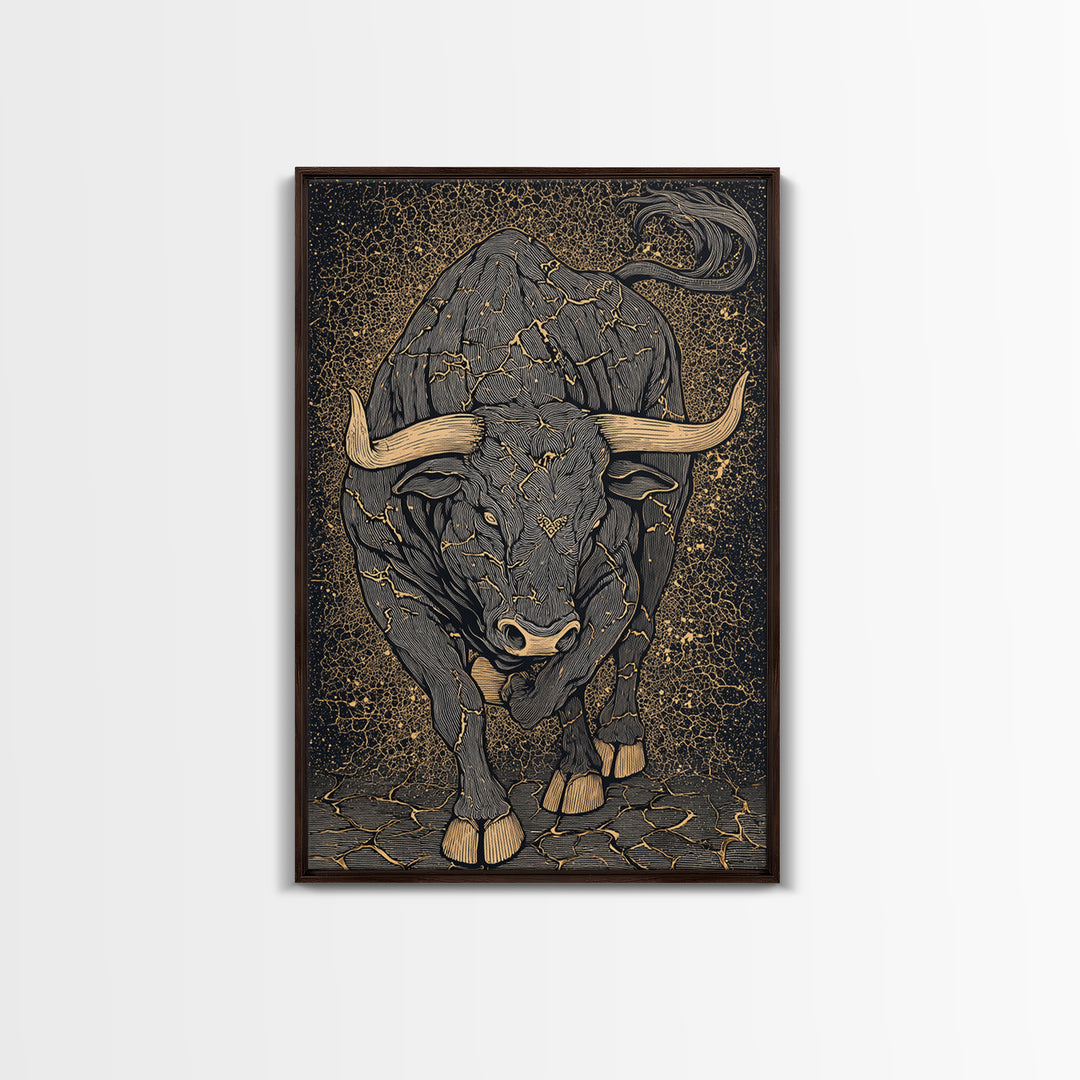 Cracked Stone Bull Canvas Art, Canvas Gold Canvas Print, Framed Canvas Wall Art with Real Wood Frame, Textured Cosmic Decor