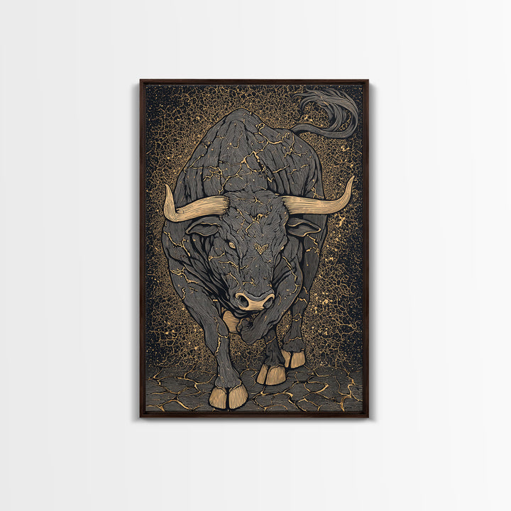 Cracked Stone Bull Canvas Art, Canvas Gold Canvas Print, Framed Canvas Wall Art with Real Wood Frame, Textured Cosmic Decor