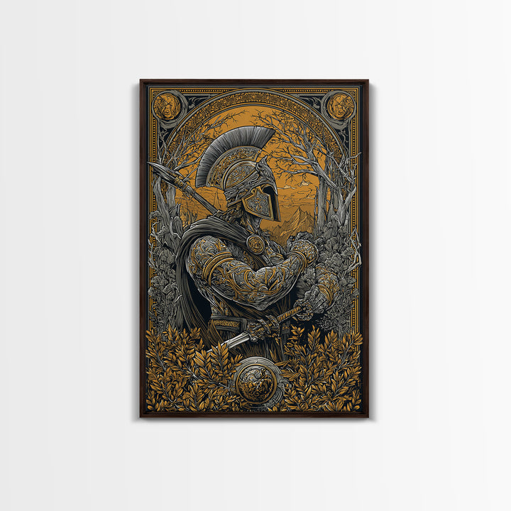Spartan Soldier in Ornate Armor with Spear – Canvas Gold Art, Intricate Canvas Art Print, Classical Greece Wall Hanging