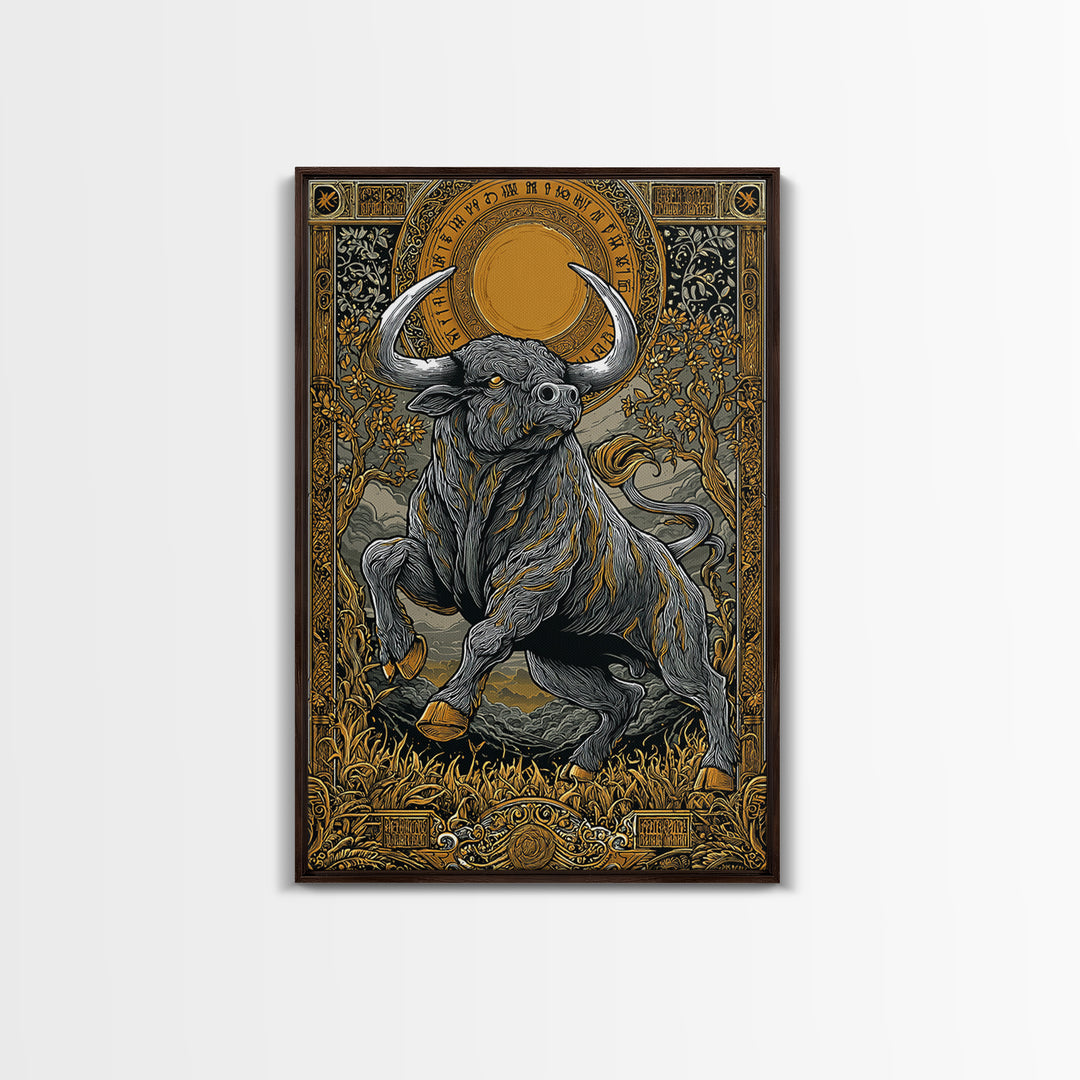 Taurus Zodiac Bull Canvas Art, Canvas Gold Canvas Print, Framed Canvas Wall Art with Real Wood Frame, Ornate Mythic Gallery Decor