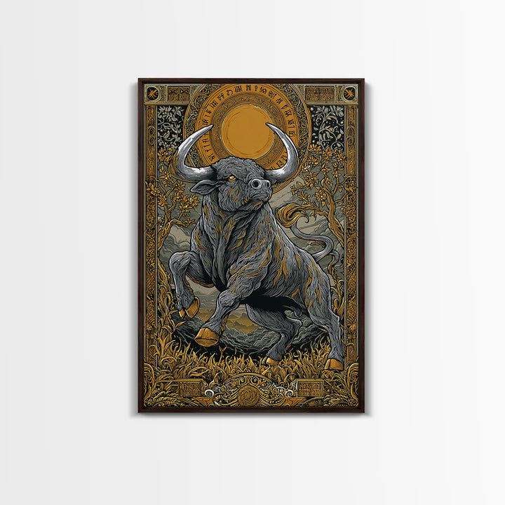 Taurus Zodiac Bull Canvas Art, Canvas Gold Canvas Print, Framed Canvas Wall Art with Real Wood Frame, Ornate Mythic Gallery Decor