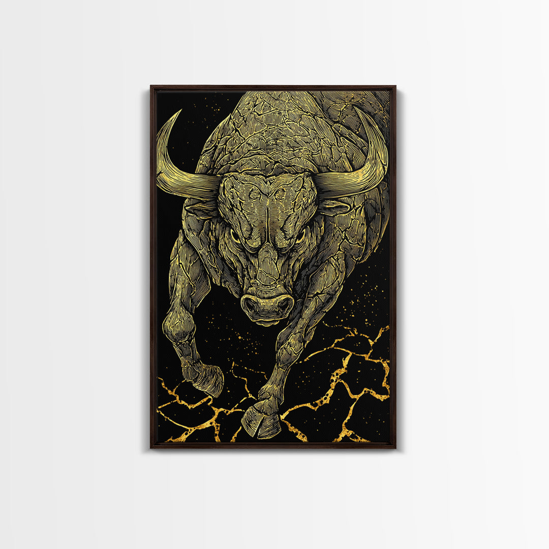 Charging Bull Canvas Gold Canvas Print, Framed Canvas Wall Art with Real Wood Frame, Dynamic Black and Gold Animal Decor