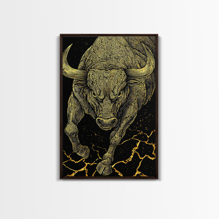 Charging Bull Canvas Gold Canvas Print, Framed Canvas Wall Art with Real Wood Frame, Dynamic Black and Gold Animal Decor