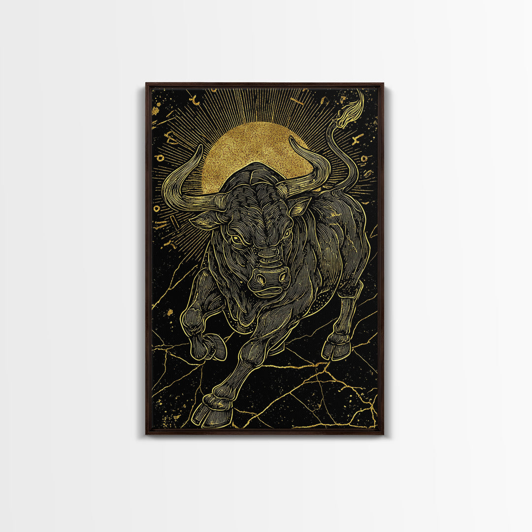 Taurus Bull Canvas Gold Canvas Print, Framed Canvas Wall Art with Real Wood Frame, Zodiac Sun Disc Black and Gold Gallery Decor