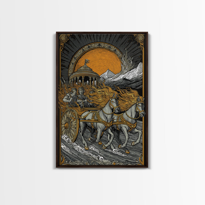 Sun Chariot Canvas Gold Canvas Print, Framed Canvas Wall Art with Real Wood Frame, Greek Myth Apollo Helios Horses Statement Decor