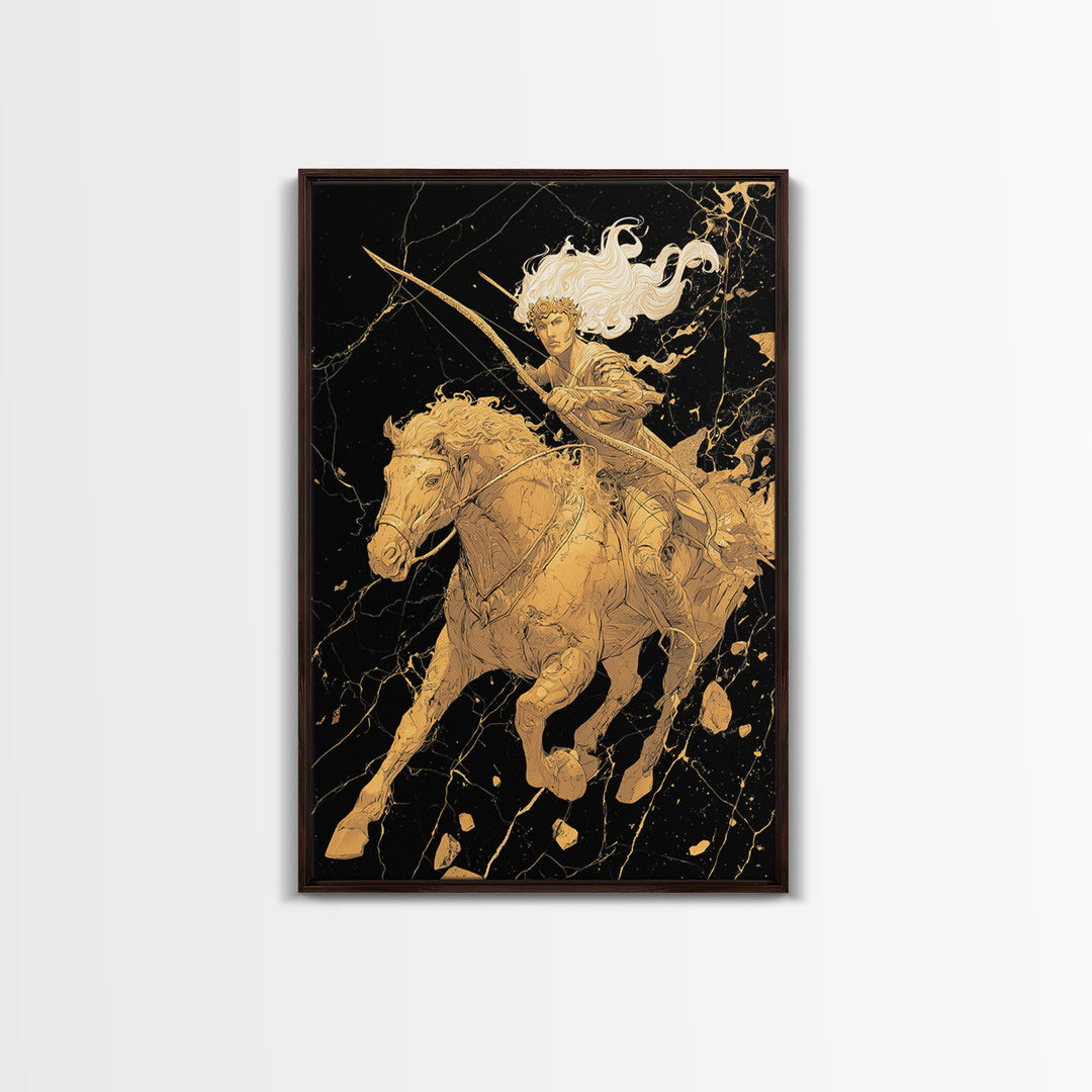 Huntress on Horse Canvas Gold Canvas Print, Framed Canvas Wall Art with Real Wood Frame, Warrior Goddess Archer Black Gold Decor