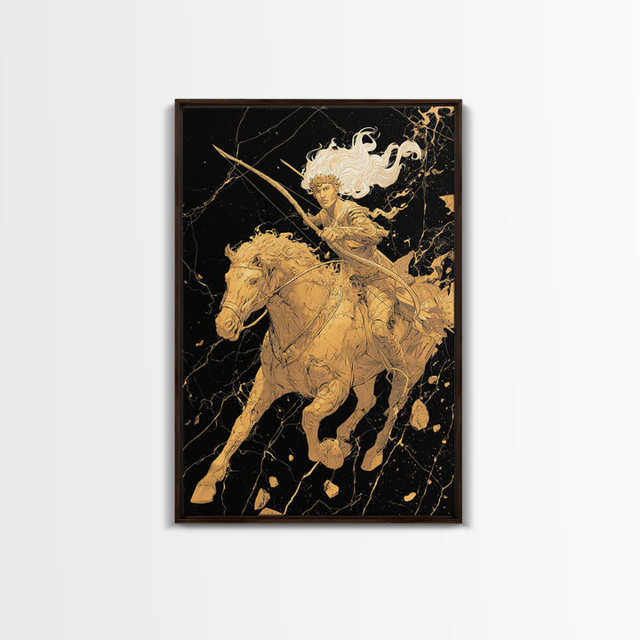 Huntress on Horse Canvas Gold Canvas Print, Framed Canvas Wall Art with Real Wood Frame, Warrior Goddess Archer Black Gold Decor