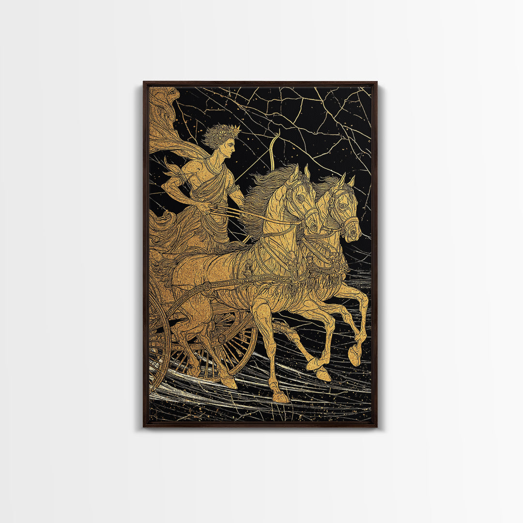 Apollo Sun Chariot Canvas Gold Canvas Print, Framed Canvas Wall Art with Real Wood Frame, Classical Greek God Horses Wall Decor