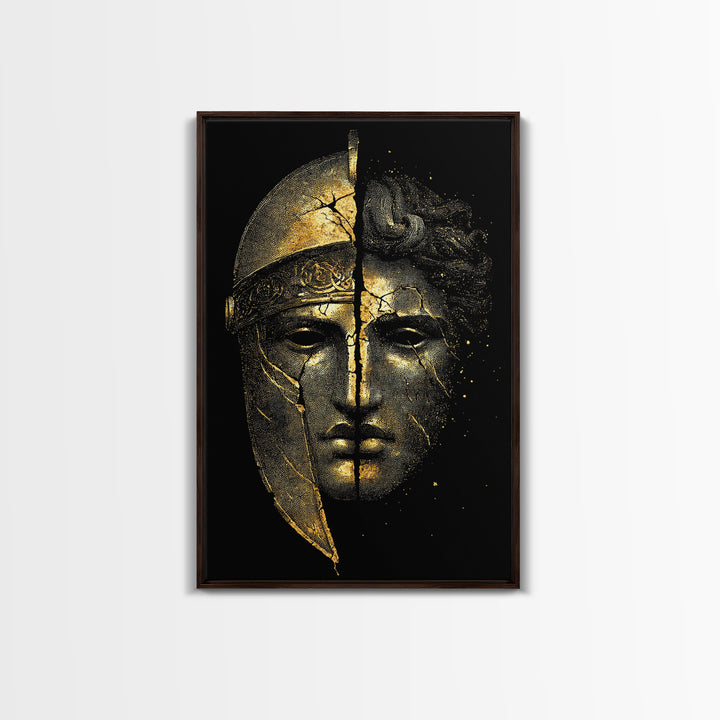 Ancient Warrior Mask Canvas Gold Canvas Print, Framed Canvas Wall Art with Real Wood Frame, Greek Helmet Cracked Kintsugi Decor