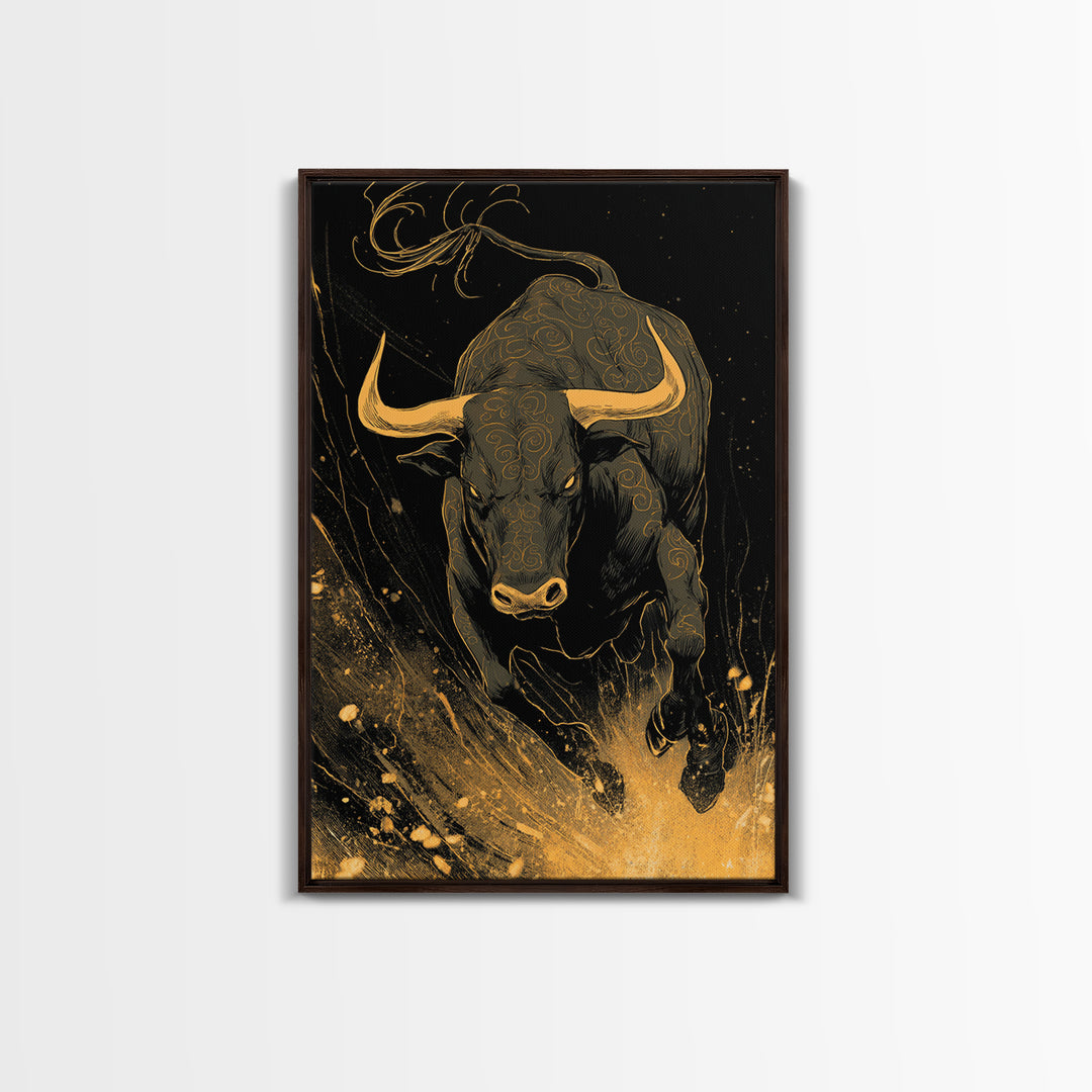 Bull Splash Canvas Gold Canvas Print, Framed Canvas Wall Art with Real Wood Frame, Powerful Charging Animal Black Gold Decor