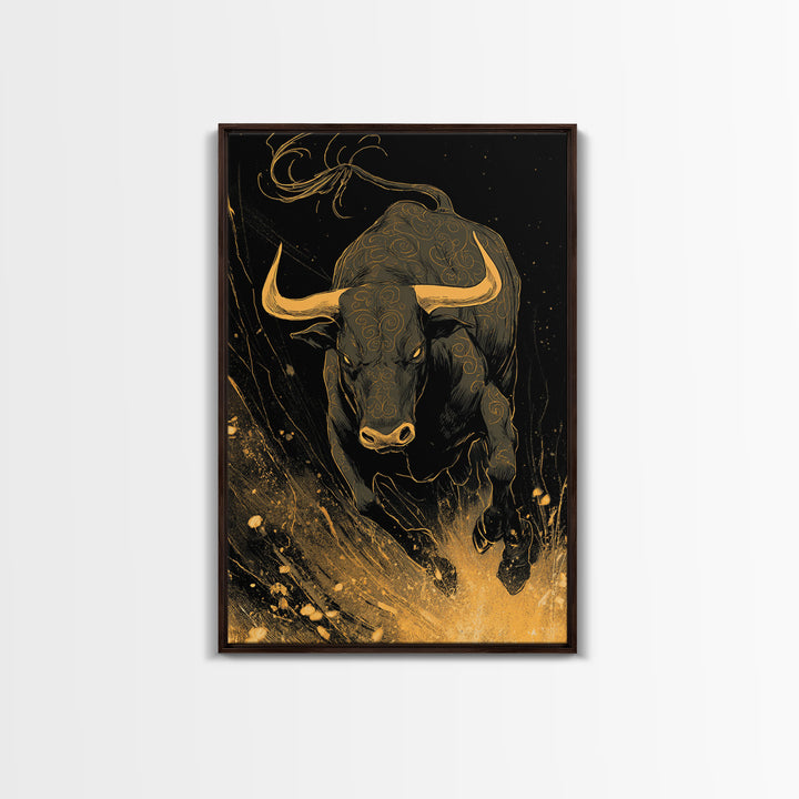 Bull Splash Canvas Gold Canvas Print, Framed Canvas Wall Art with Real Wood Frame, Powerful Charging Animal Black Gold Decor