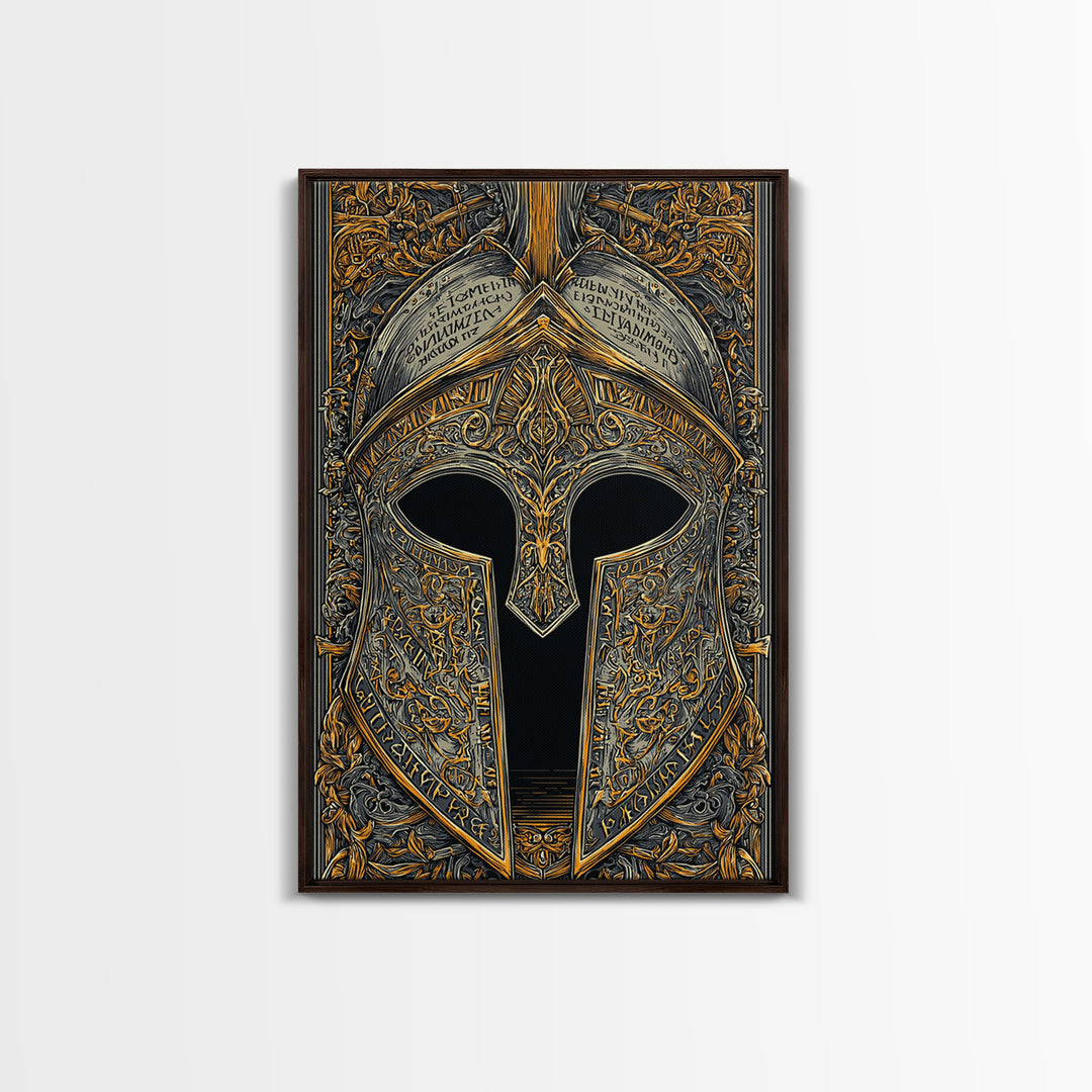 Ornate Spartan Helmet Detail with Inscriptions – Canvas Gold Art for Wall, Classical Armor Canvas Art, Greek Warrior Decor