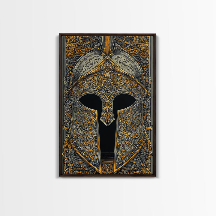 Ornate Spartan Helmet Detail with Inscriptions – Canvas Gold Art for Wall, Classical Armor Canvas Art, Greek Warrior Decor