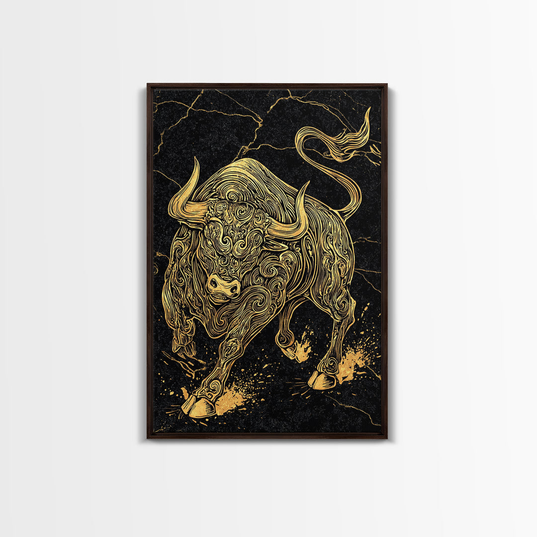Ornate Bull Canvas Gold Canvas Print, Framed Canvas Wall Art with Real Wood Frame, Black and Gold Animal Decor for Luxury Home