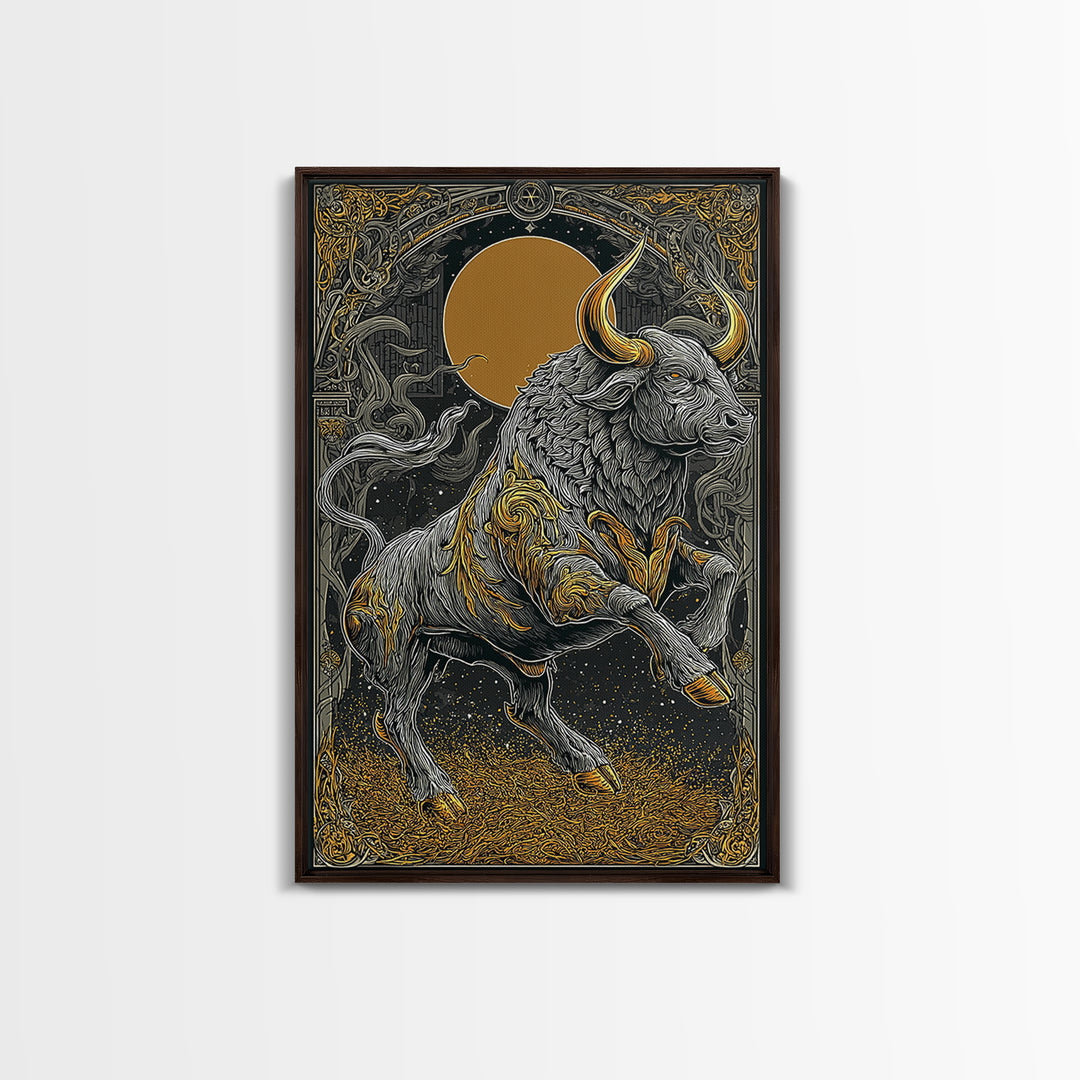 Regal Bull Canvas Gold Canvas Print, Framed Canvas Wall Art with Real Wood Frame, Mythic Black and Gold Zodiac Decor for Gallery