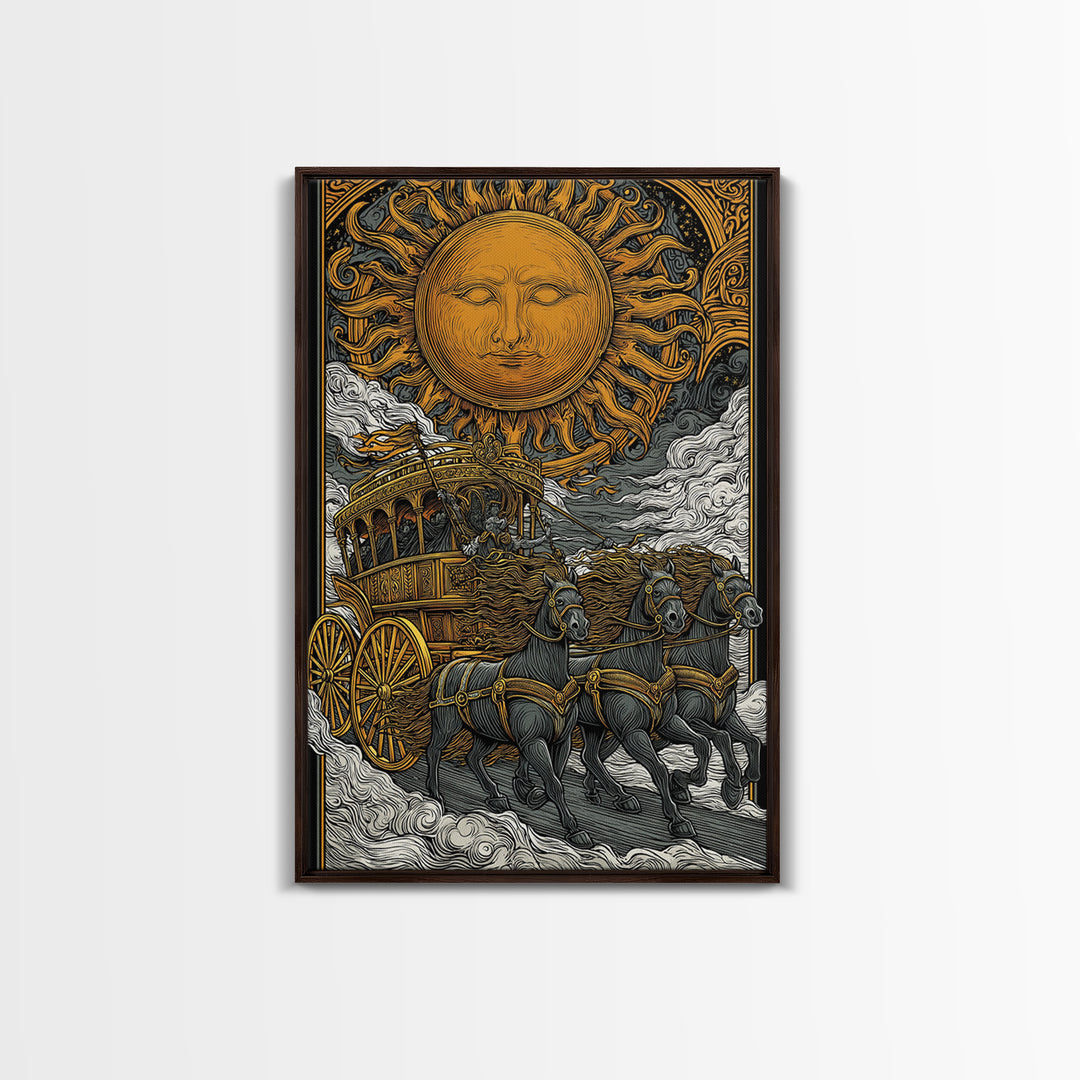 Sun Chariot Canvas Gold Canvas Print, Framed Canvas Wall Art with Real Wood Frame, Greek Myth Apollo Horses Statement Decor