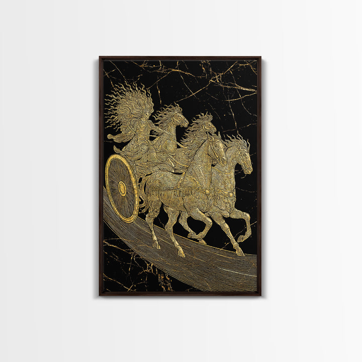 Golden Chariot Canvas Gold Art, Framed Canvas Wall Art with Real Wood Frame, Classical Black and Gold Greek Myth Horse Decor