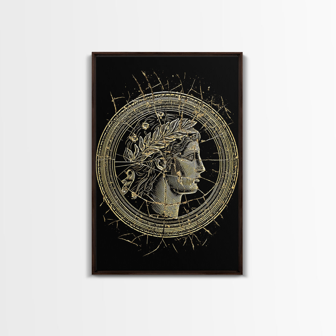 Greek Coin Profile Canvas Gold Canvas Print, Framed Canvas Wall Art with Real Wood Frame, Black and Gold Classical Portrait Decor