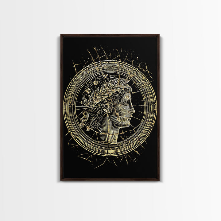 Greek Coin Profile Canvas Gold Canvas Print, Framed Canvas Wall Art with Real Wood Frame, Black and Gold Classical Portrait Decor