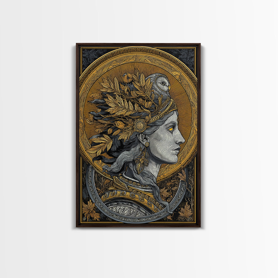 Athena Portrait Canvas Gold Canvas Print, Framed Canvas Wall Art with Real Wood Frame, Greek Goddess with Owl Luxury Home Decor