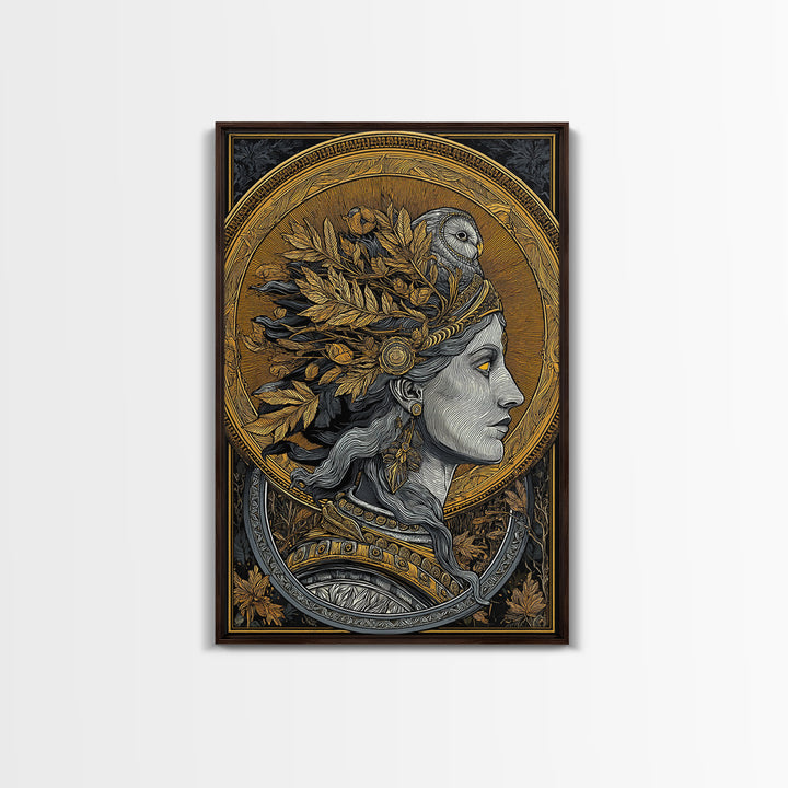 Athena Portrait Canvas Gold Canvas Print, Framed Canvas Wall Art with Real Wood Frame, Greek Goddess with Owl Luxury Home Decor