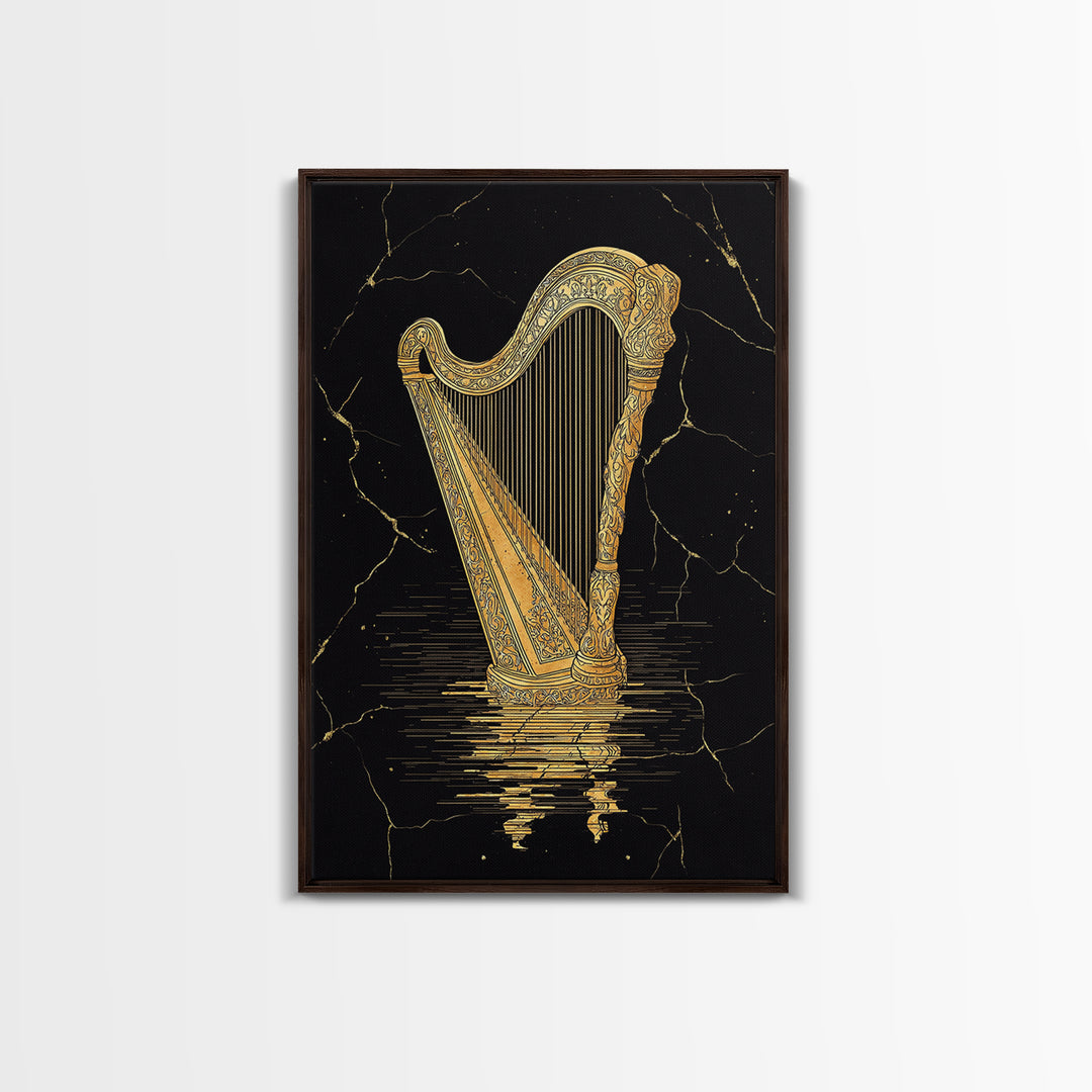 Golden Harp Canvas Gold Canvas Print, Framed Canvas Wall Art with Real Wood Frame, Black and Gold Classical Instrument Decor