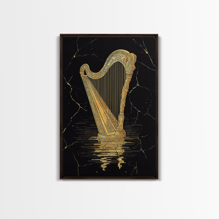 Golden Harp Canvas Gold Canvas Print, Framed Canvas Wall Art with Real Wood Frame, Black and Gold Classical Instrument Decor