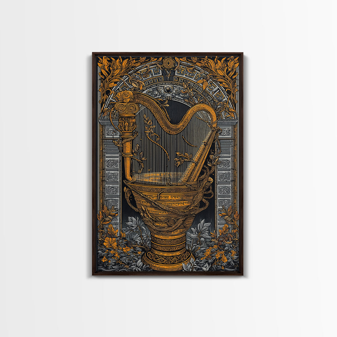 Ornate Harp Canvas Gold Art, Framed Canvas Wall Art with Real Wood Frame, Black and Gold Botanical Classical Music Wall Decor
