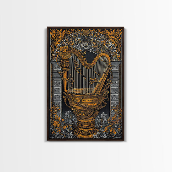Ornate Harp Canvas Gold Art, Framed Canvas Wall Art with Real Wood Frame, Black and Gold Botanical Classical Music Wall Decor