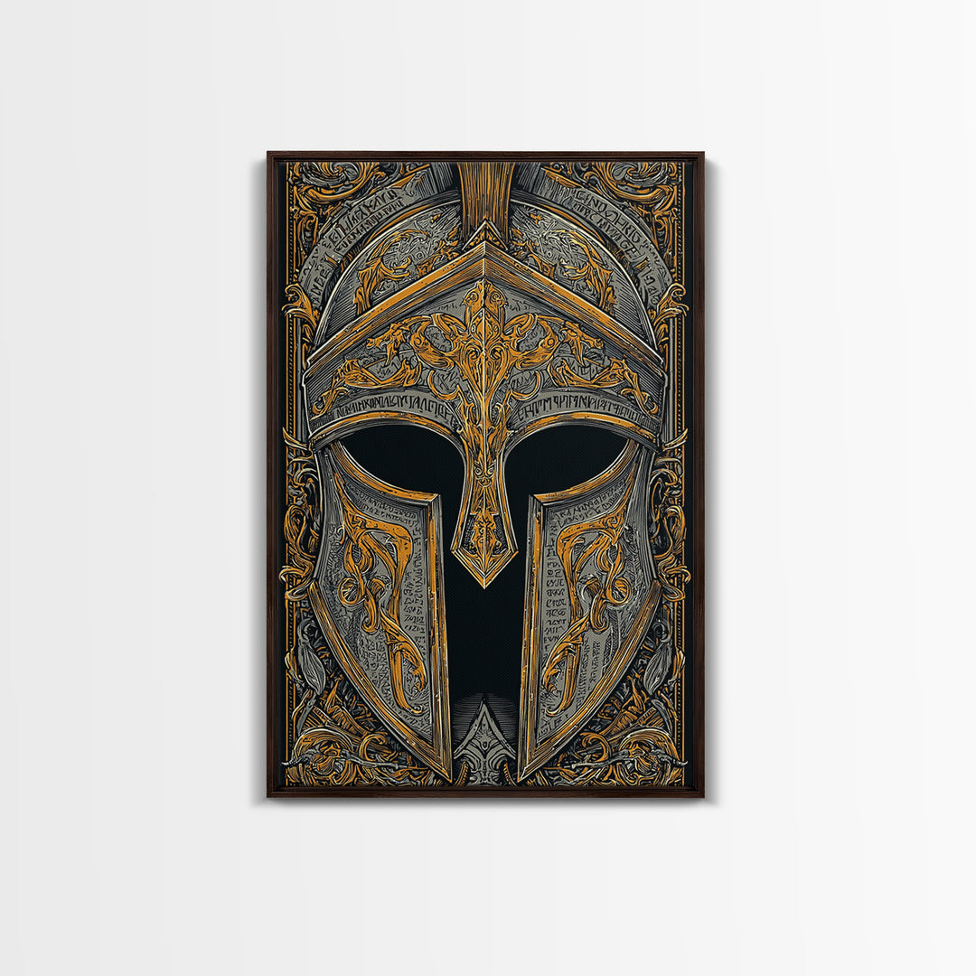 Floral-Engraved Spartan Helmet in Gold – Canvas Gold Art, Antique Armor Canvas Art, Greek Warrior Wall Sculpture Print