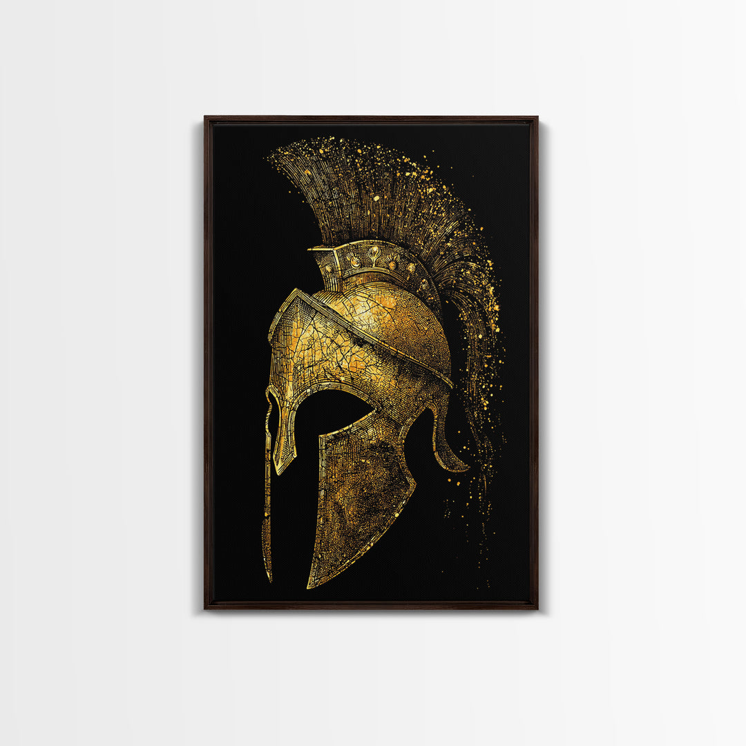 Spartan Helmet Canvas Gold Canvas Print, Framed Canvas Wall Art with Real Wood Frame, Black and Gold Greek Warrior Decor
