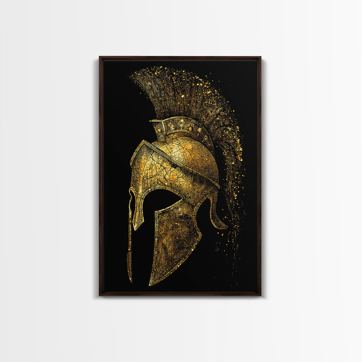 Spartan Helmet Canvas Gold Canvas Print, Framed Canvas Wall Art with Real Wood Frame, Black and Gold Greek Warrior Decor