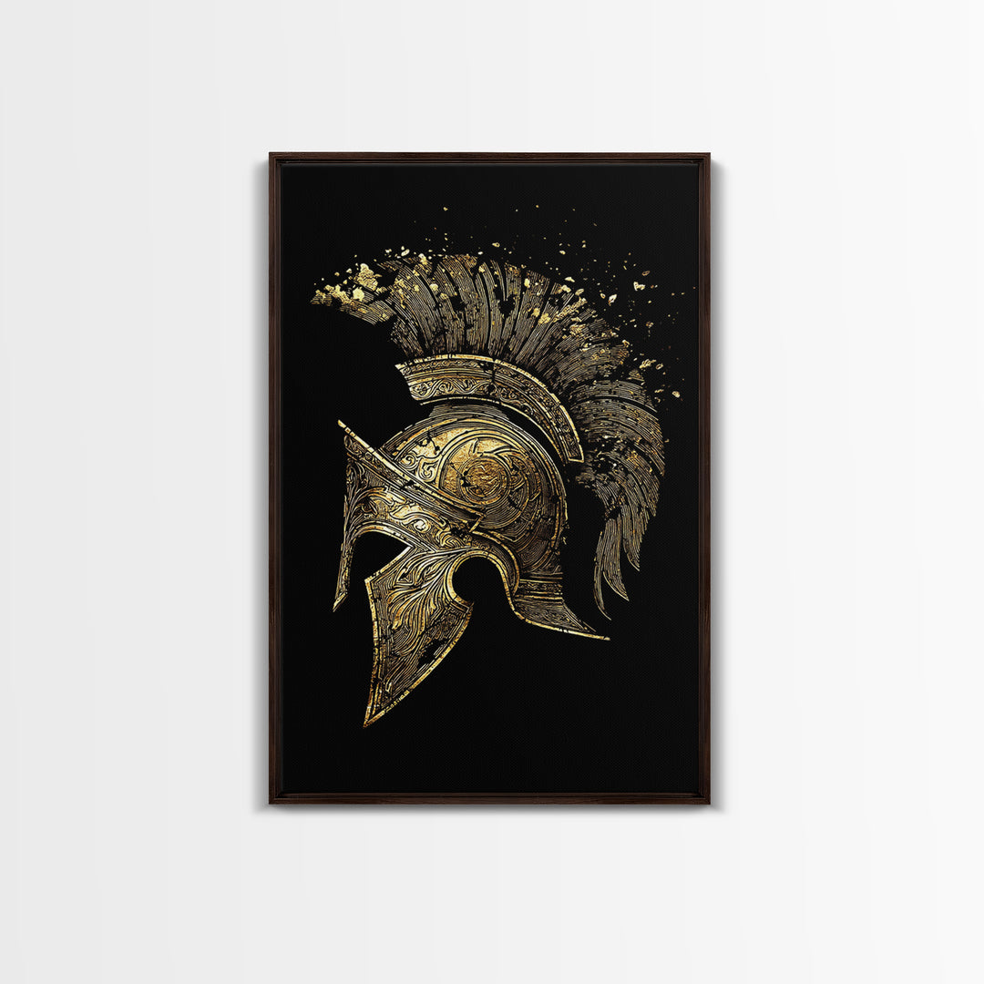 Spartan Helmet Canvas Gold Canvas Print – Ancient Warrior Art on Premium Canvas with Real Wood Frame – Greek History Wall Decor