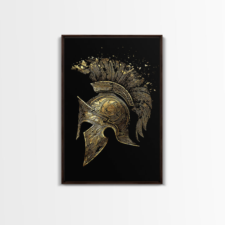 Spartan Helmet Canvas Gold Canvas Print – Ancient Warrior Art on Premium Canvas with Real Wood Frame – Greek History Wall Decor