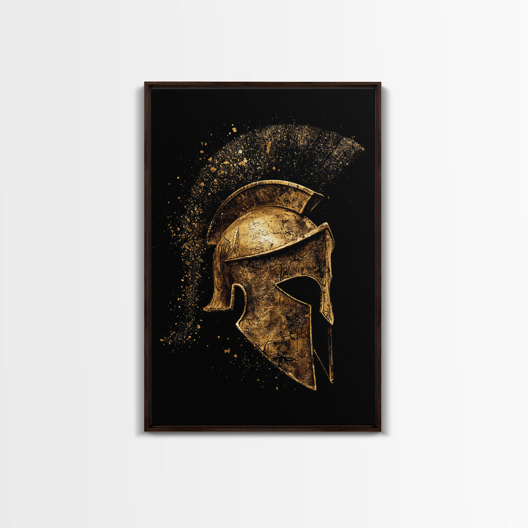 Greek Warrior Helmet Canvas Gold Canvas Print – Ancient Sparta Wall Art with Real Wood Frame – Bold Historical Home Decor