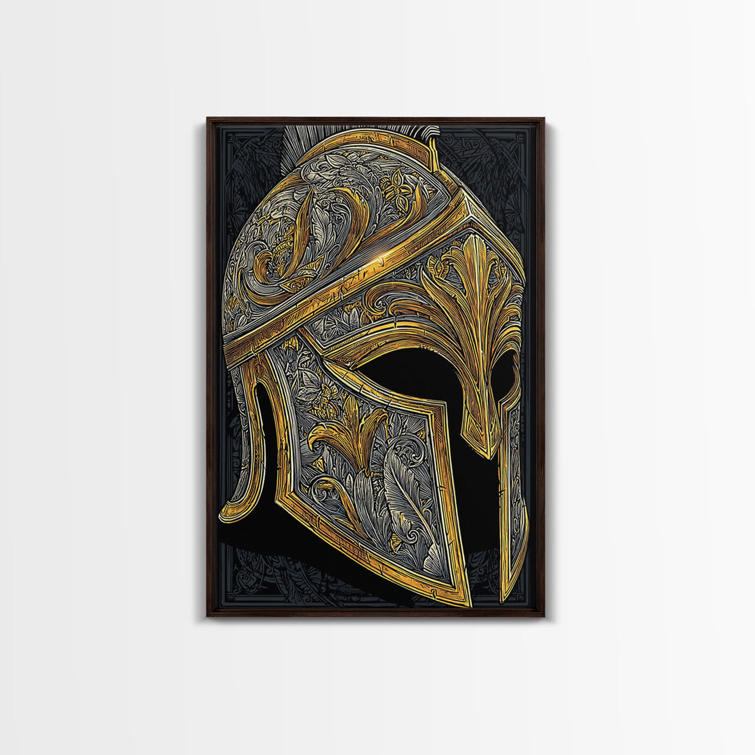 Ornate Spartan Helmet Canvas Gold Art – Intricate Ancient Warrior Wall Print on Canvas with Real Wood Frame – Greek Decor
