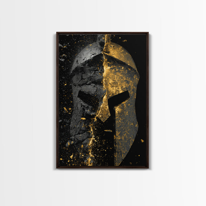 Shattered Spartan Helmet Canvas Gold Canvas Print – Half Black Rock Half Gold Warrior Art – Real Wood Frame Home Wall Decor