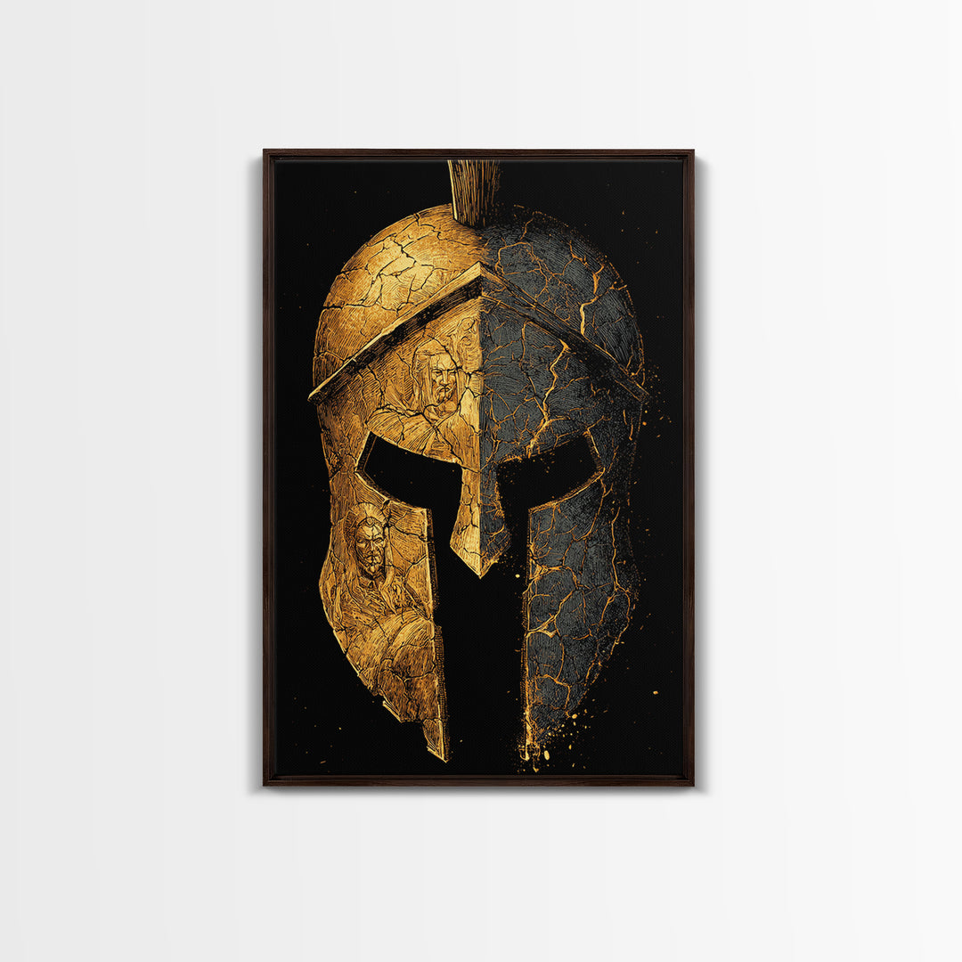Cracked Warrior Helmet Canvas Gold Art – Ancient Greek Sparta Wall Canvas Print with Real Wood Frame – Bold Home Decor