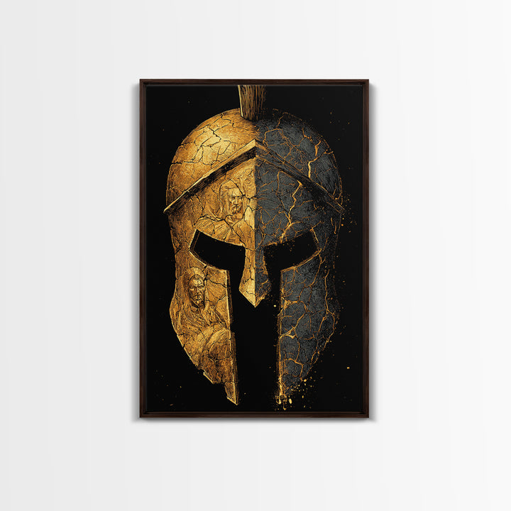 Cracked Warrior Helmet Canvas Gold Art – Ancient Greek Sparta Wall Canvas Print with Real Wood Frame – Bold Home Decor