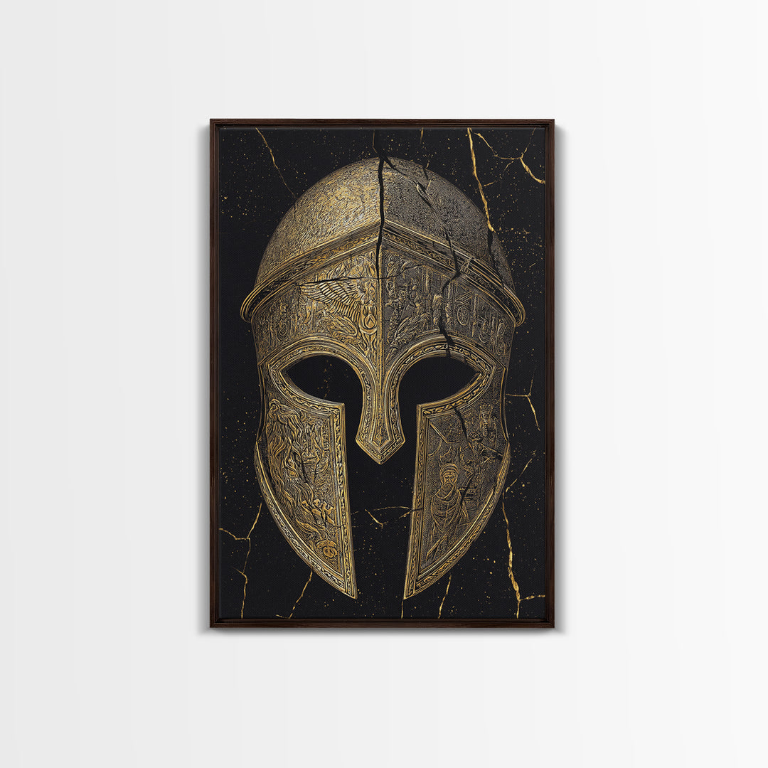 Detailed Spartan Helmet Canvas Gold Canvas Print – Engraved Greek History Art with Real Wood Frame – Warrior Wall Decor