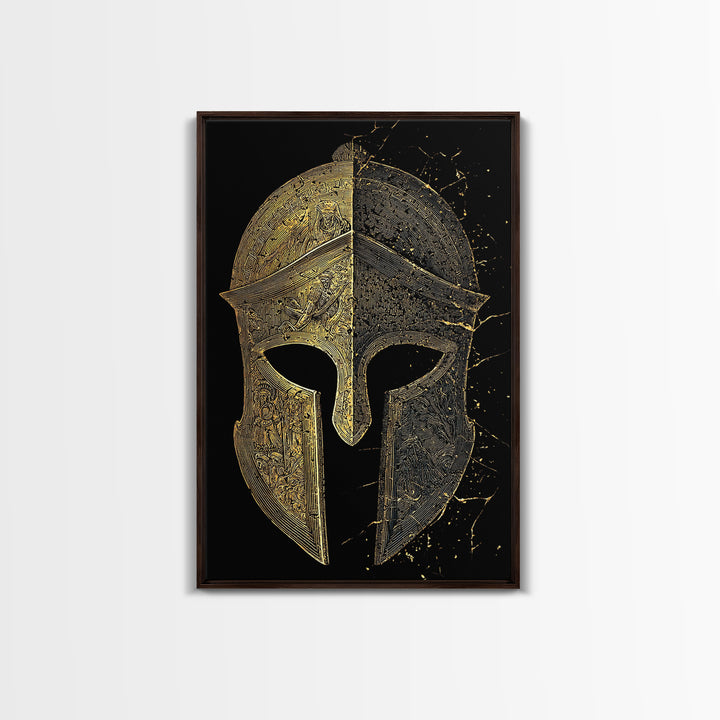 Historic Greek Helmet Canvas Gold Art – Ancient Battle Warrior Wall Canvas Print with Real Wood Frame – Museum Quality Decor