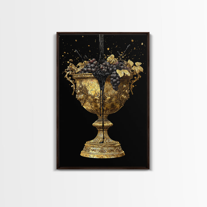 Luxurious Golden Chalice Canvas Gold Canvas Print – Grapes & Wine Still Life Wall Art with Real Wood Frame – Elegant Kitchen Decor