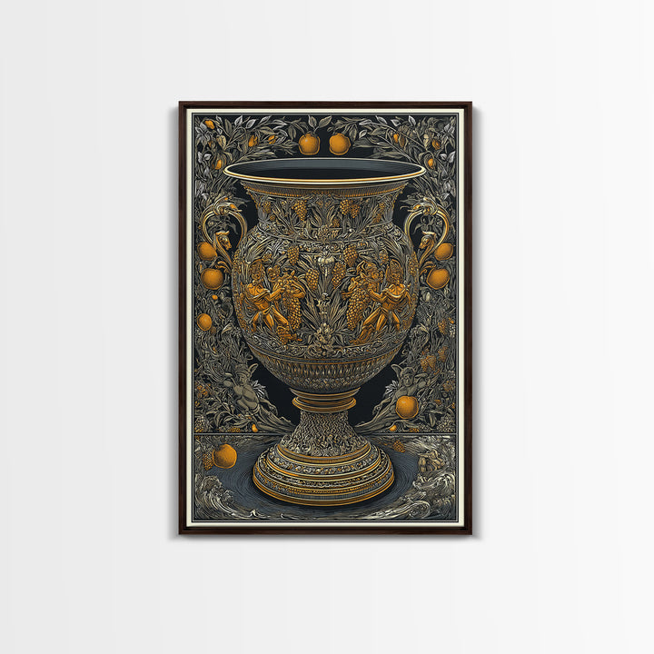 Ornate Golden Vase Canvas Gold Art – Greek Mythology & Nature Scene Wall Canvas Print with Real Wood Frame – Classic Decor